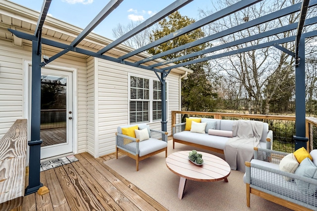 wooden deck with outdoor lounge area and a pergola