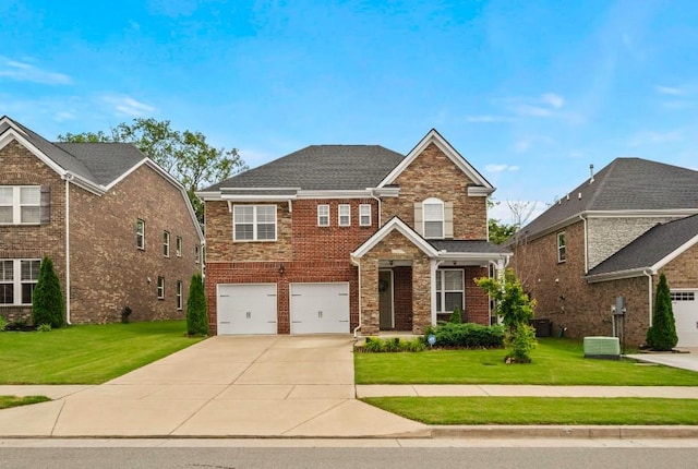 view of front of house featuring a garage, central AC unit, and a front yard