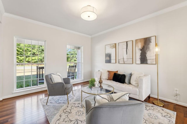 living room with hardwood / wood-style floors and ornamental molding