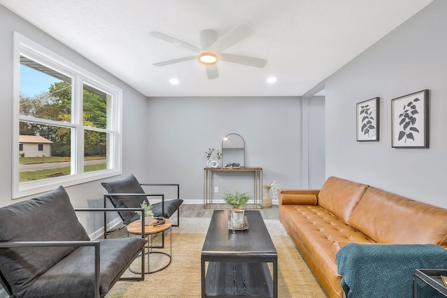 living room featuring ceiling fan