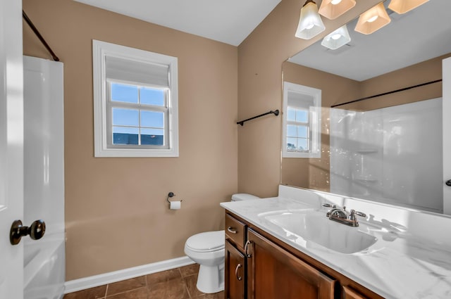 full bathroom featuring shower / bath combination, vanity, tile patterned floors, and toilet