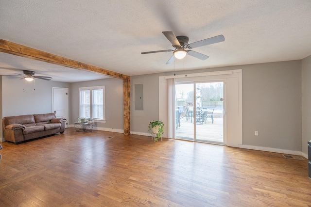 unfurnished living room with electric panel, a textured ceiling, light hardwood / wood-style flooring, and a wealth of natural light