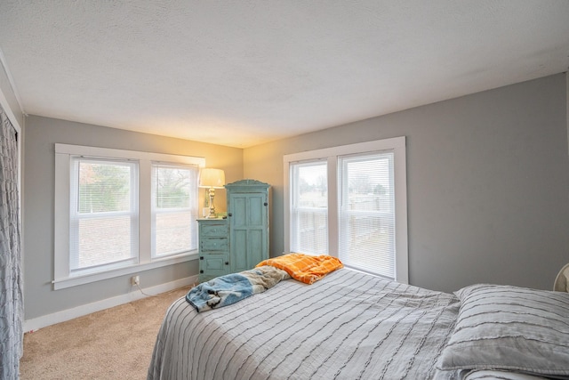 bedroom with multiple windows, light carpet, and a textured ceiling