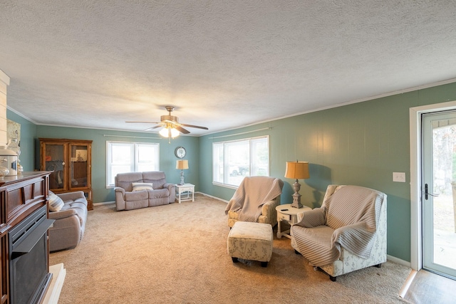 carpeted living room with ceiling fan, ornamental molding, and a textured ceiling