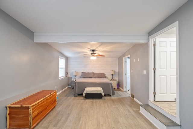 bedroom featuring ceiling fan and light hardwood / wood-style flooring