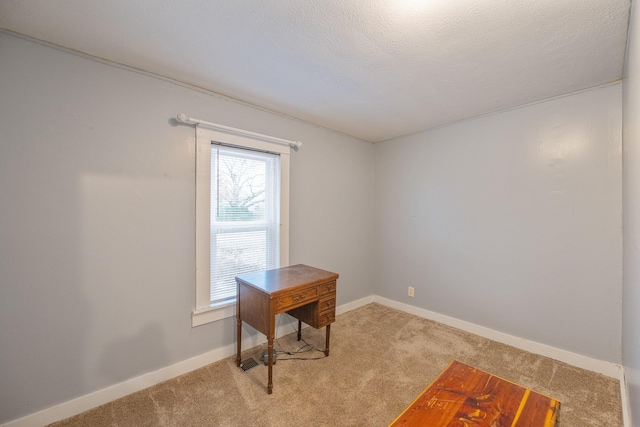 carpeted office with a textured ceiling