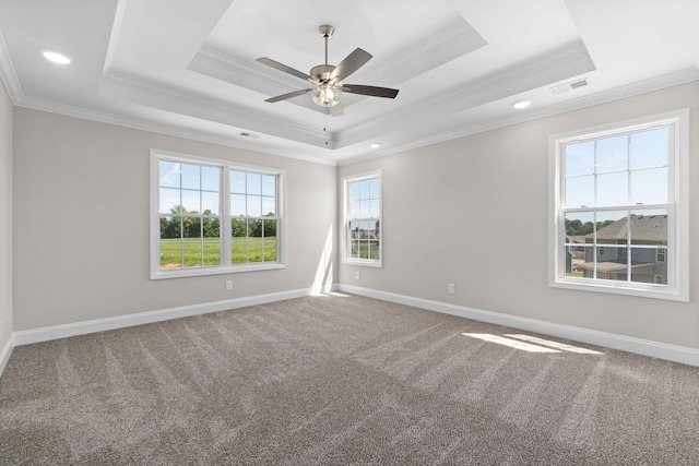 carpeted spare room with a raised ceiling, crown molding, and ceiling fan