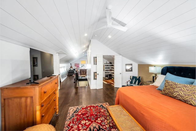 bedroom featuring lofted ceiling, dark wood-type flooring, and wood ceiling