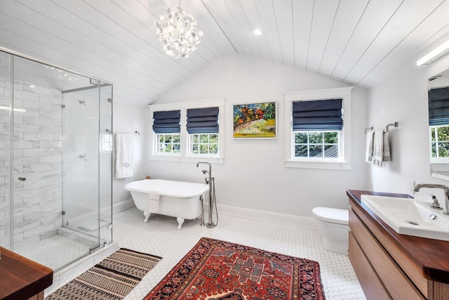 full bathroom with vanity, vaulted ceiling, tile patterned floors, and independent shower and bath