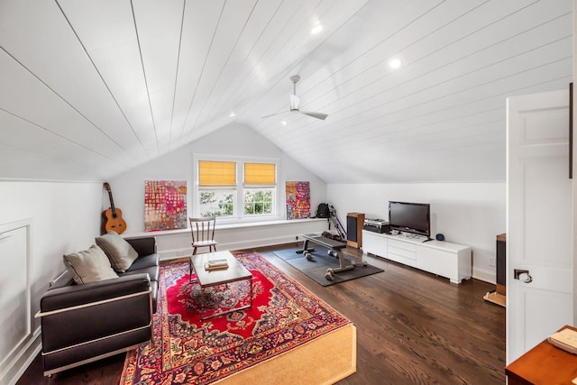 interior space featuring vaulted ceiling, hardwood / wood-style floors, and ceiling fan