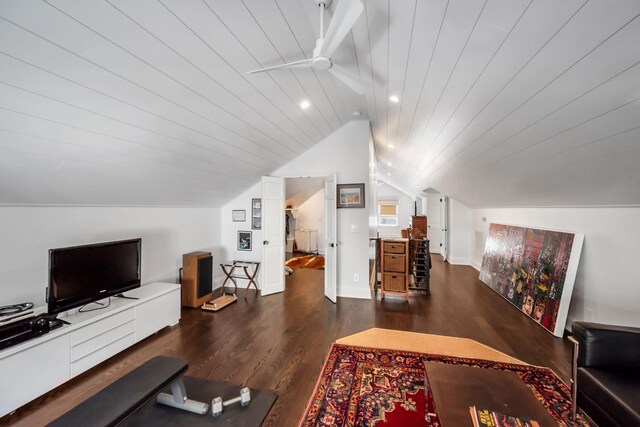 interior space with wood ceiling, dark wood-type flooring, and vaulted ceiling