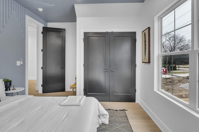 bedroom featuring multiple windows, a closet, and light hardwood / wood-style flooring