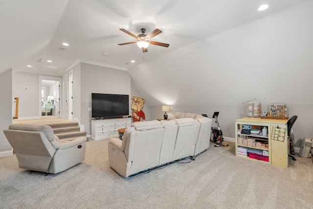 carpeted living room featuring lofted ceiling and ceiling fan