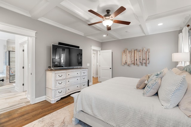 bedroom featuring hardwood / wood-style flooring, ceiling fan, coffered ceiling, and beam ceiling