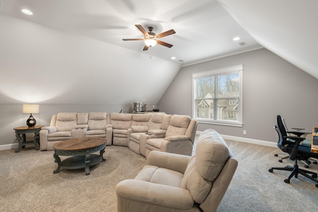 carpeted living room with lofted ceiling and ceiling fan