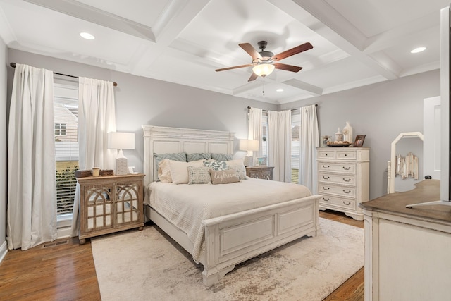 bedroom featuring beamed ceiling, wood-type flooring, and coffered ceiling