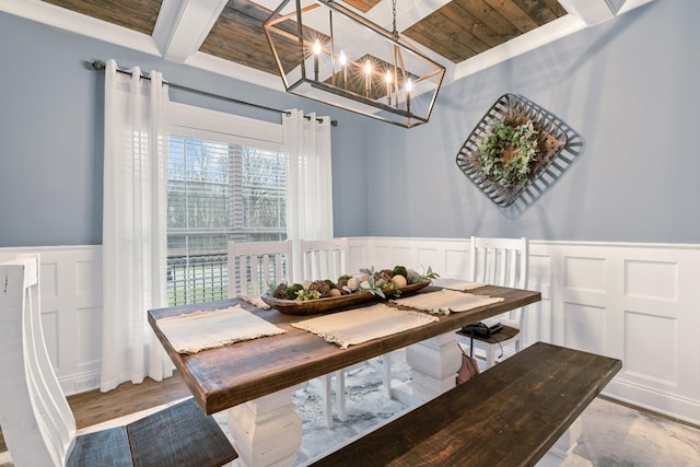 dining area with beamed ceiling, a notable chandelier, hardwood / wood-style floors, and wooden ceiling