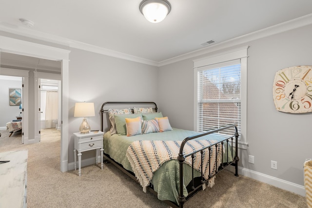 carpeted bedroom with crown molding