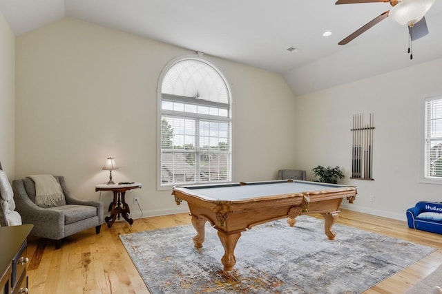 game room featuring ceiling fan, lofted ceiling, light hardwood / wood-style floors, and billiards