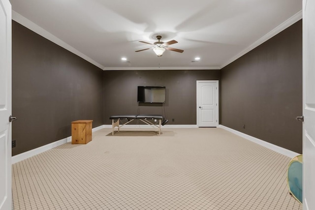 interior space featuring crown molding, light colored carpet, and ceiling fan