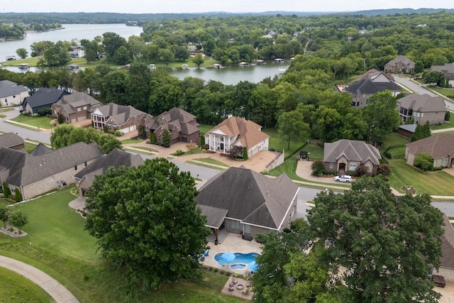 aerial view with a water view and a residential view