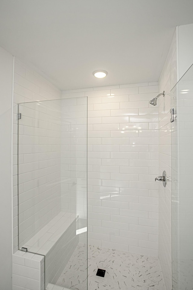 bathroom with a shower with shower door