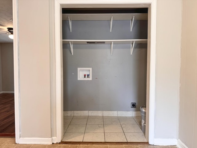 clothes washing area featuring ceiling fan, washer hookup, hookup for an electric dryer, and light tile patterned floors