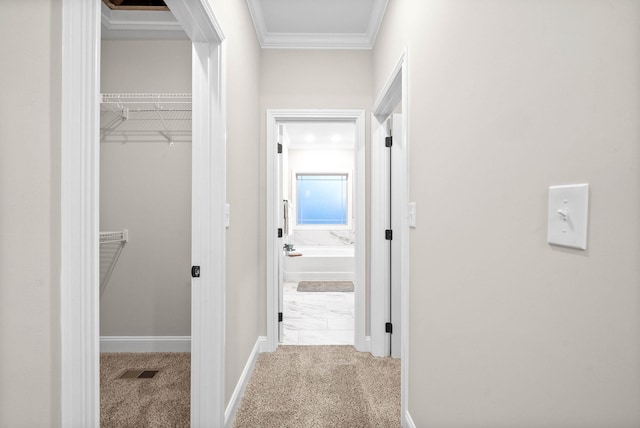 hall with ornamental molding and carpet