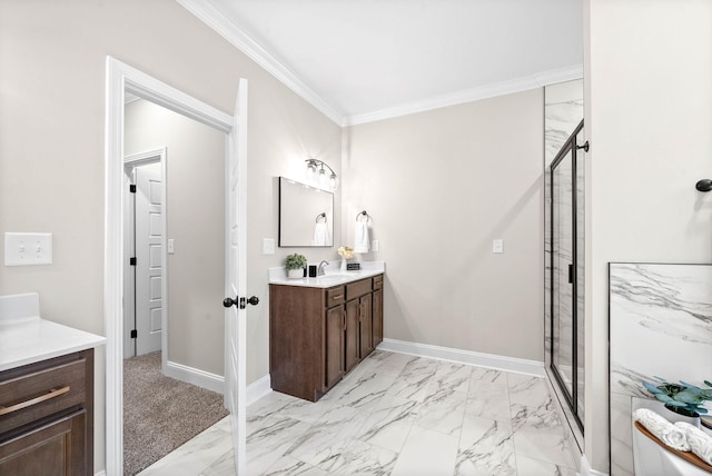 bathroom with vanity, ornamental molding, and walk in shower