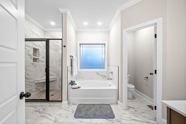 full bathroom with vanity, ornamental molding, shower with separate bathtub, and toilet