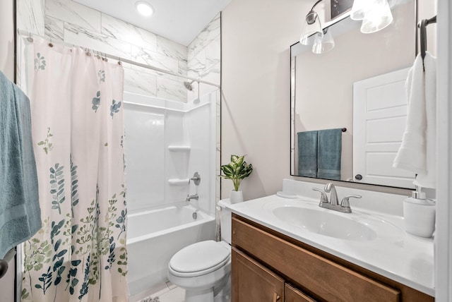 full bathroom with vanity, shower / bathtub combination with curtain, and toilet