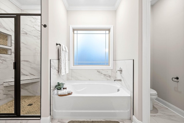 bathroom with ornamental molding, toilet, and separate shower and tub