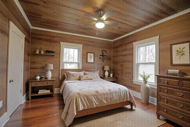 bedroom with hardwood / wood-style flooring, ornamental molding, and wooden ceiling