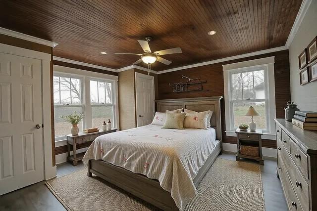 bedroom featuring ornamental molding, wooden ceiling, ceiling fan, and wood walls