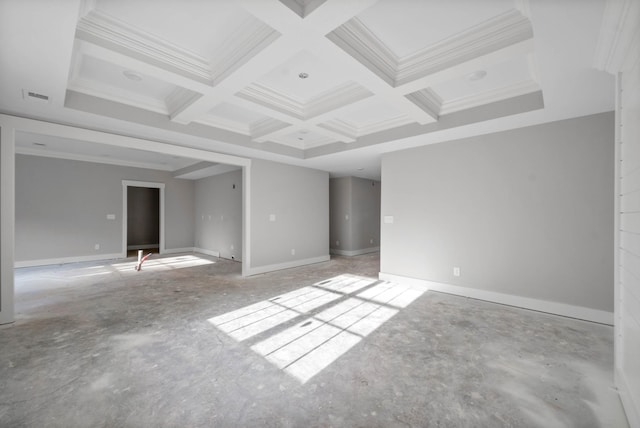 spare room featuring coffered ceiling, crown molding, and beamed ceiling