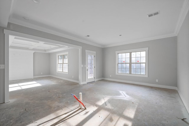 spare room with ornamental molding, coffered ceiling, and beam ceiling