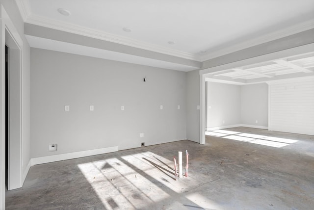 empty room featuring crown molding, coffered ceiling, and beamed ceiling