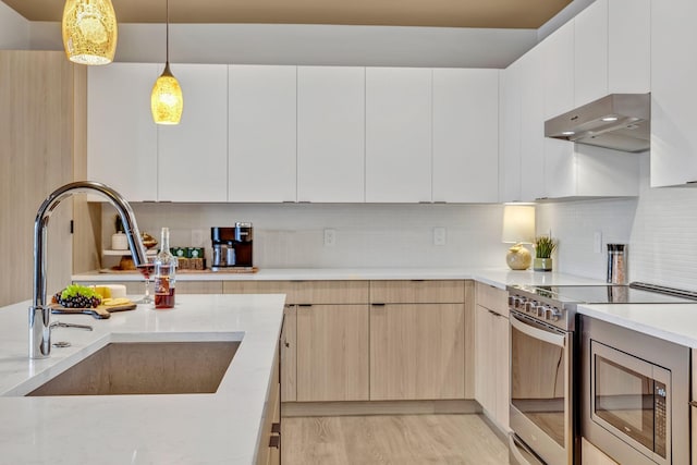 635 7th Ave S Unit 211, Nashville, TN 37203 - kitchen with stainless steel appliances, a sink, modern cabinets, under cabinet range hood, and pendant lighting