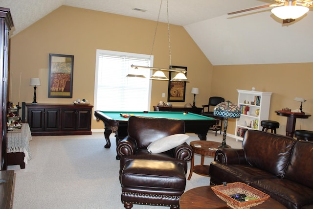 rec room with billiards, baseboards, lofted ceiling, ceiling fan, and carpet floors