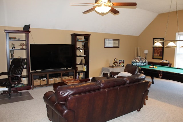 living room featuring vaulted ceiling, carpet floors, pool table, and ceiling fan