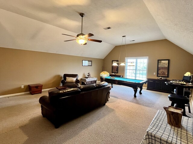 100 Kensington Ct, Hendersonville, TN 37075 - game room featuring carpet flooring, vaulted ceiling, billiards table, a ceiling fan, and a textured ceiling
