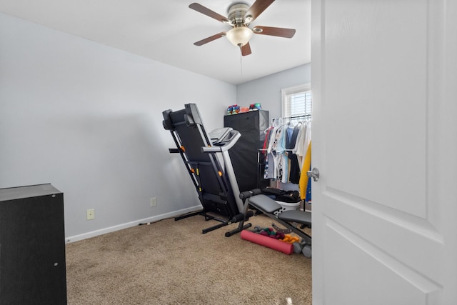 exercise area with ceiling fan and carpet flooring