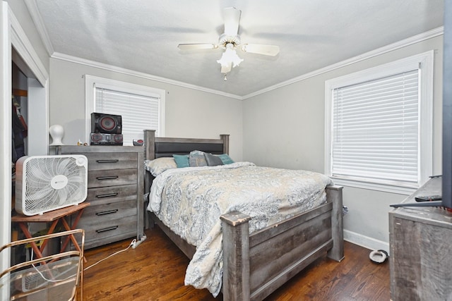 bedroom featuring dark hardwood / wood-style flooring, crown molding, a textured ceiling, and ceiling fan