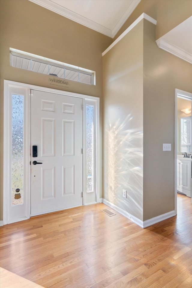 foyer entrance featuring light hardwood / wood-style floors, sink, a healthy amount of sunlight, and ornamental molding