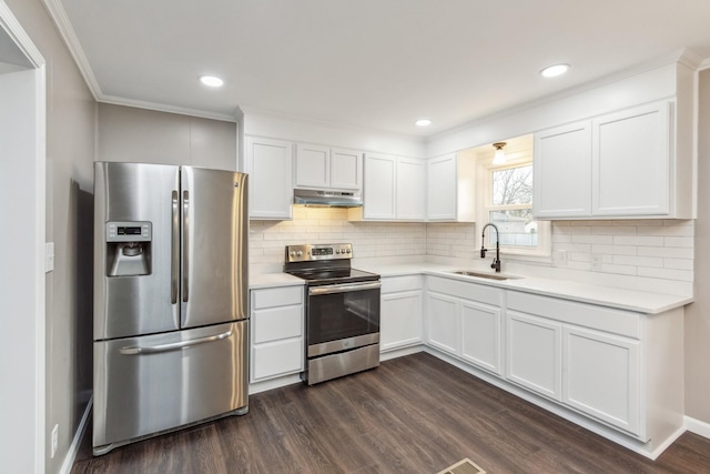 kitchen featuring stainless steel appliances, white cabinetry, sink, and dark wood-type flooring