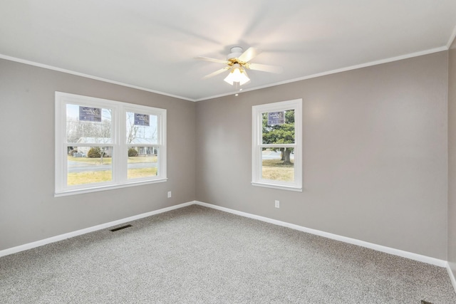 empty room featuring ceiling fan, ornamental molding, and carpet flooring