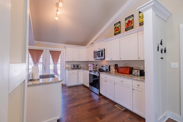 kitchen with white cabinetry, sink, dark hardwood / wood-style flooring, stainless steel appliances, and light stone countertops