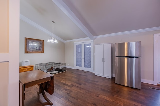 interior space featuring crown molding, dark wood-type flooring, lofted ceiling with beams, and french doors