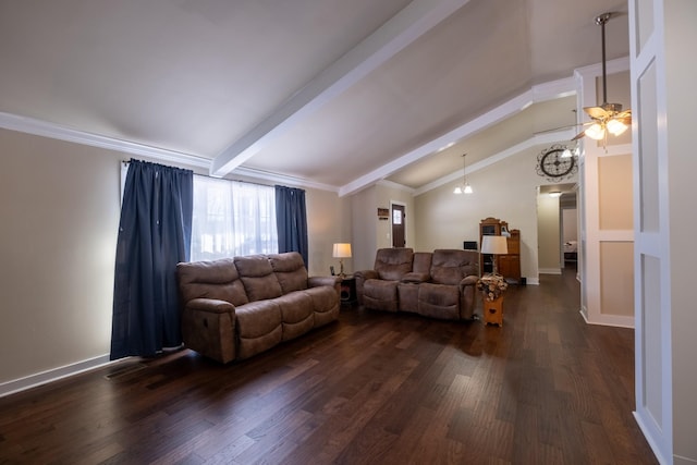 living room featuring ornamental molding, vaulted ceiling with beams, ceiling fan, and dark hardwood / wood-style flooring