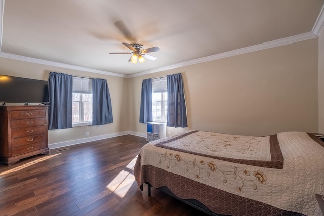 bedroom with crown molding, ceiling fan, and dark hardwood / wood-style flooring